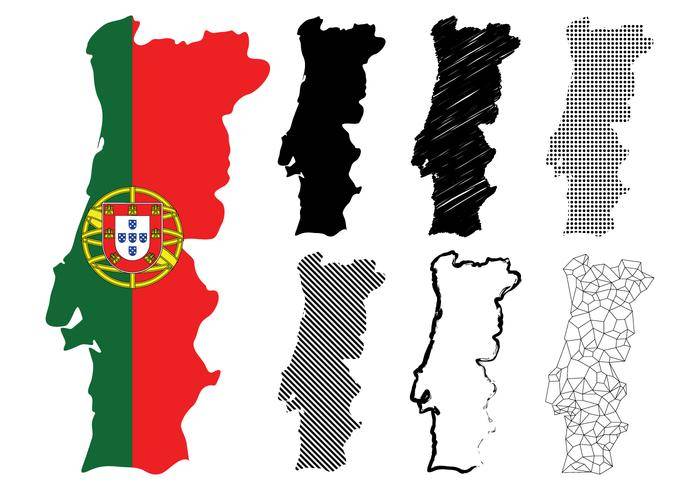 葡萄牙地图在轮廓,粉笔,素描,点,条纹,线和国旗的插图