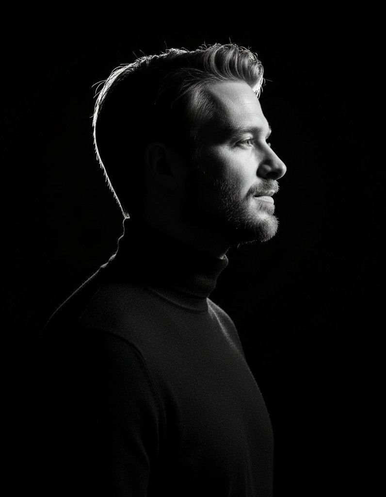 Dramatic Black & White Man Profile Portrait - Turtleneck Nano Banana提示词