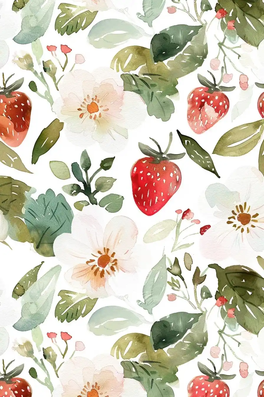 Delicate Watercolor Strawberry Pattern Midjourney提示词