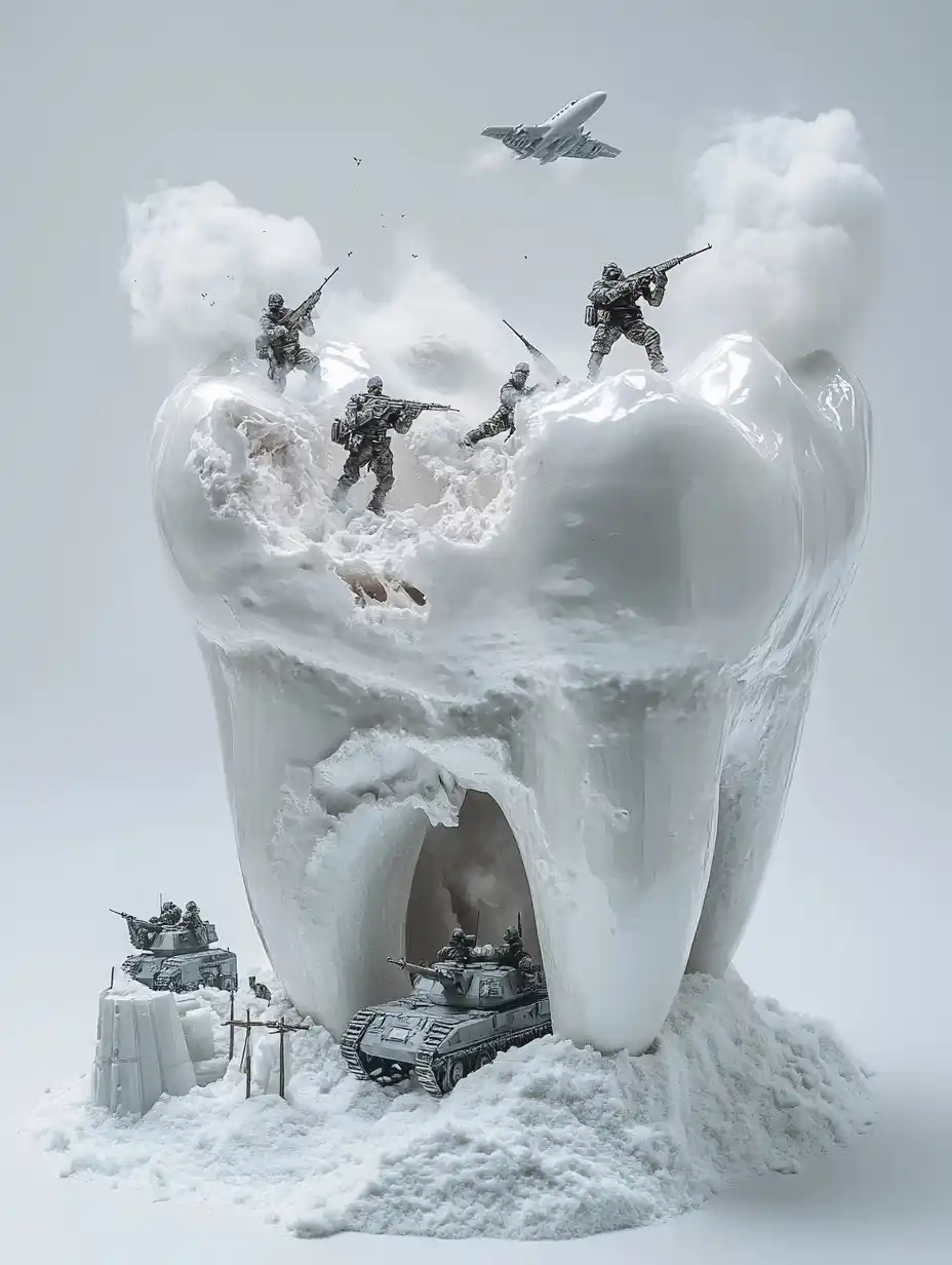 Surreal Tooth War Scene Midjourney提示词