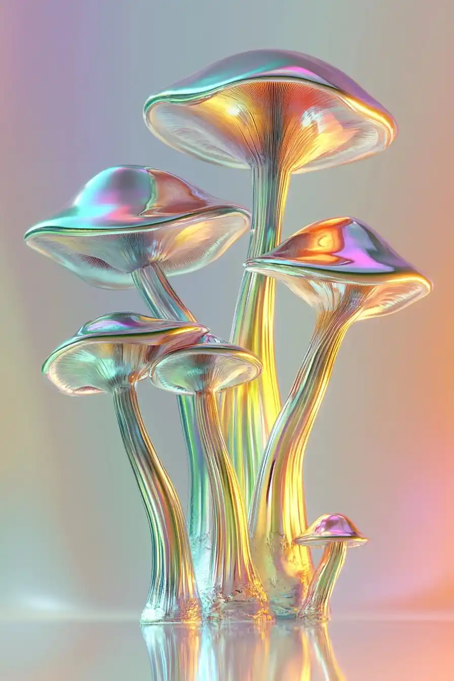 3D Glass Mushrooms Rendering Midjourney提示词