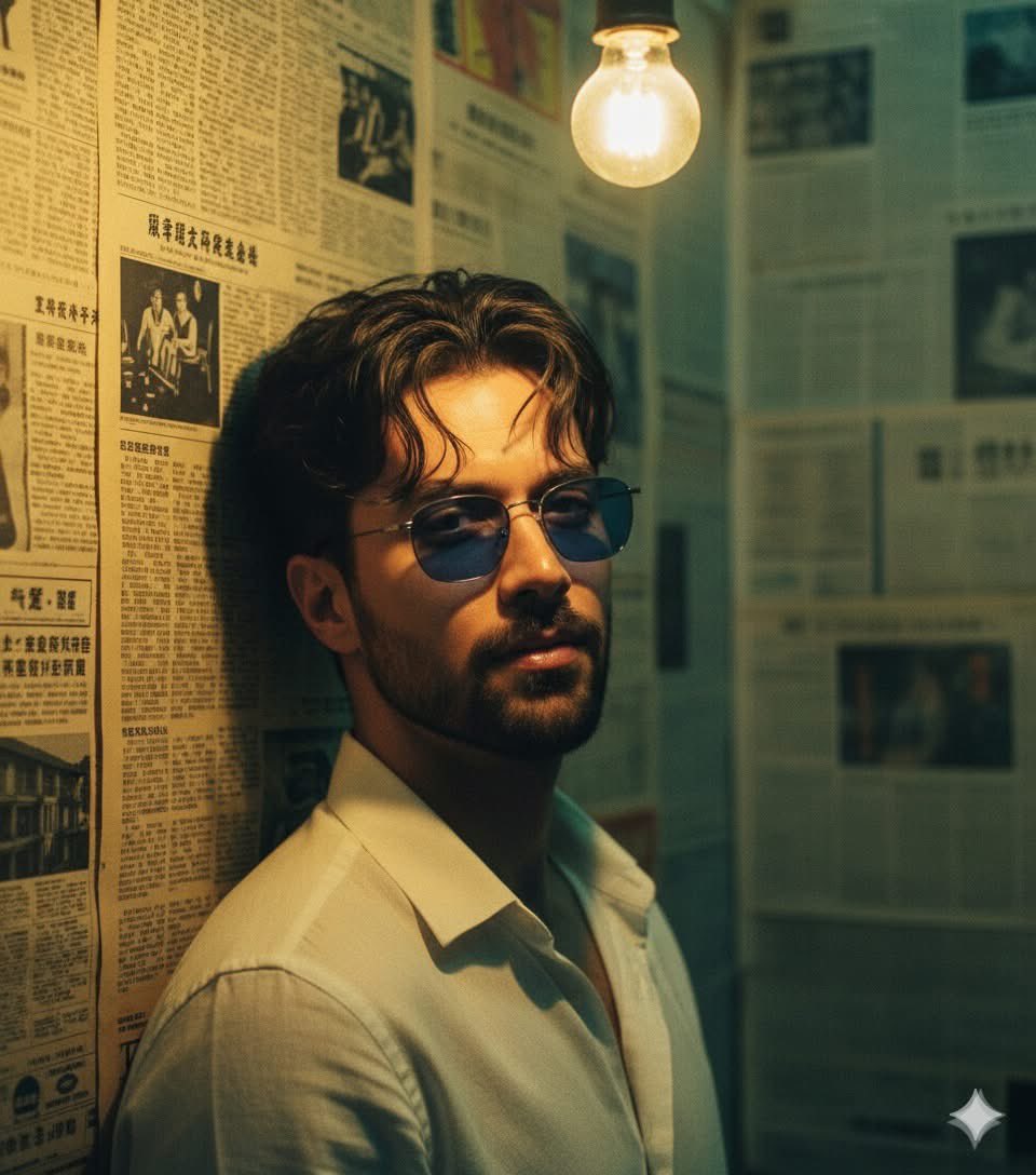 Moody Portrait: Man, Blue Sunglasses, Vintage Newspaper Nano Banana提示词