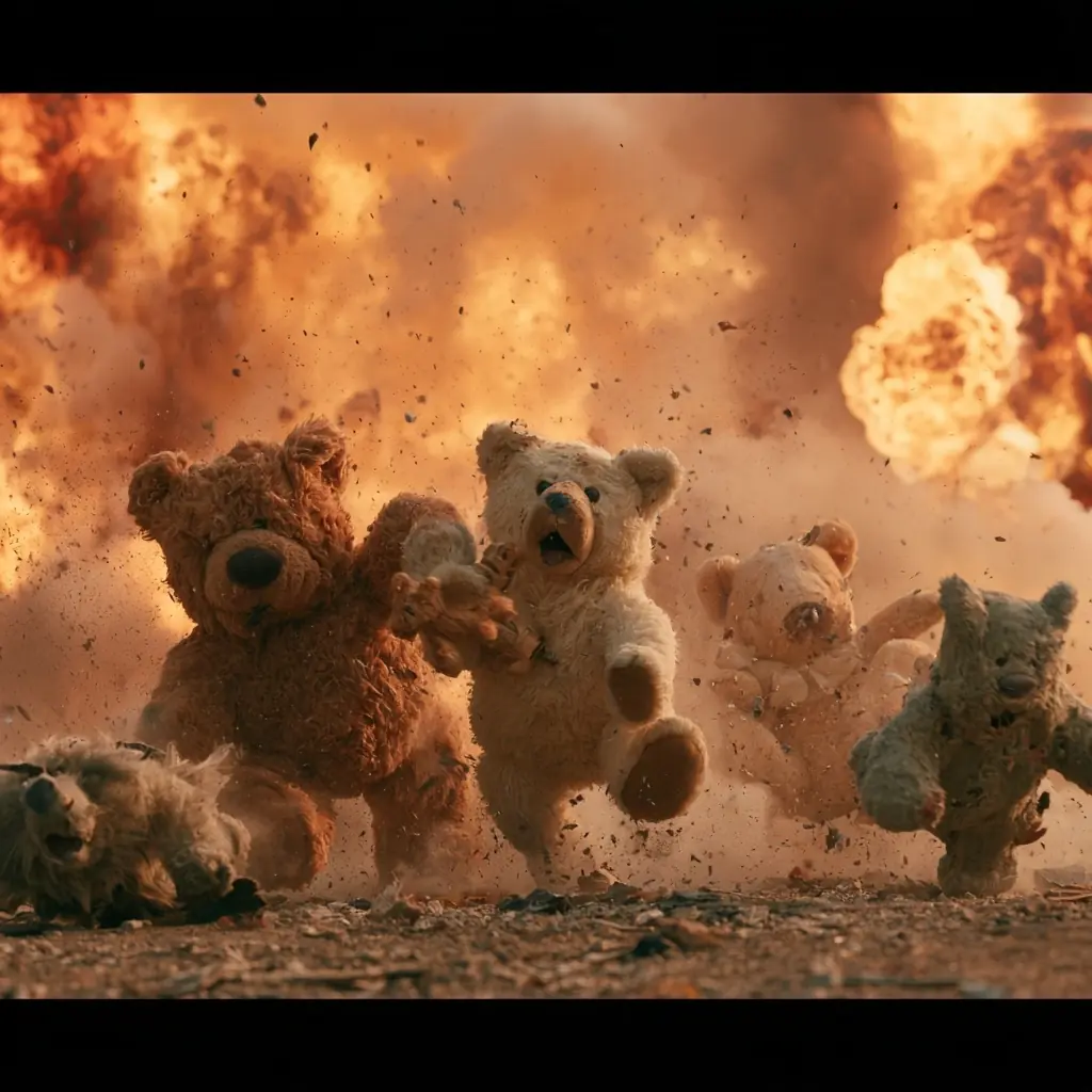 Stuffed Animals Escaping Explosion Midjourney提示词