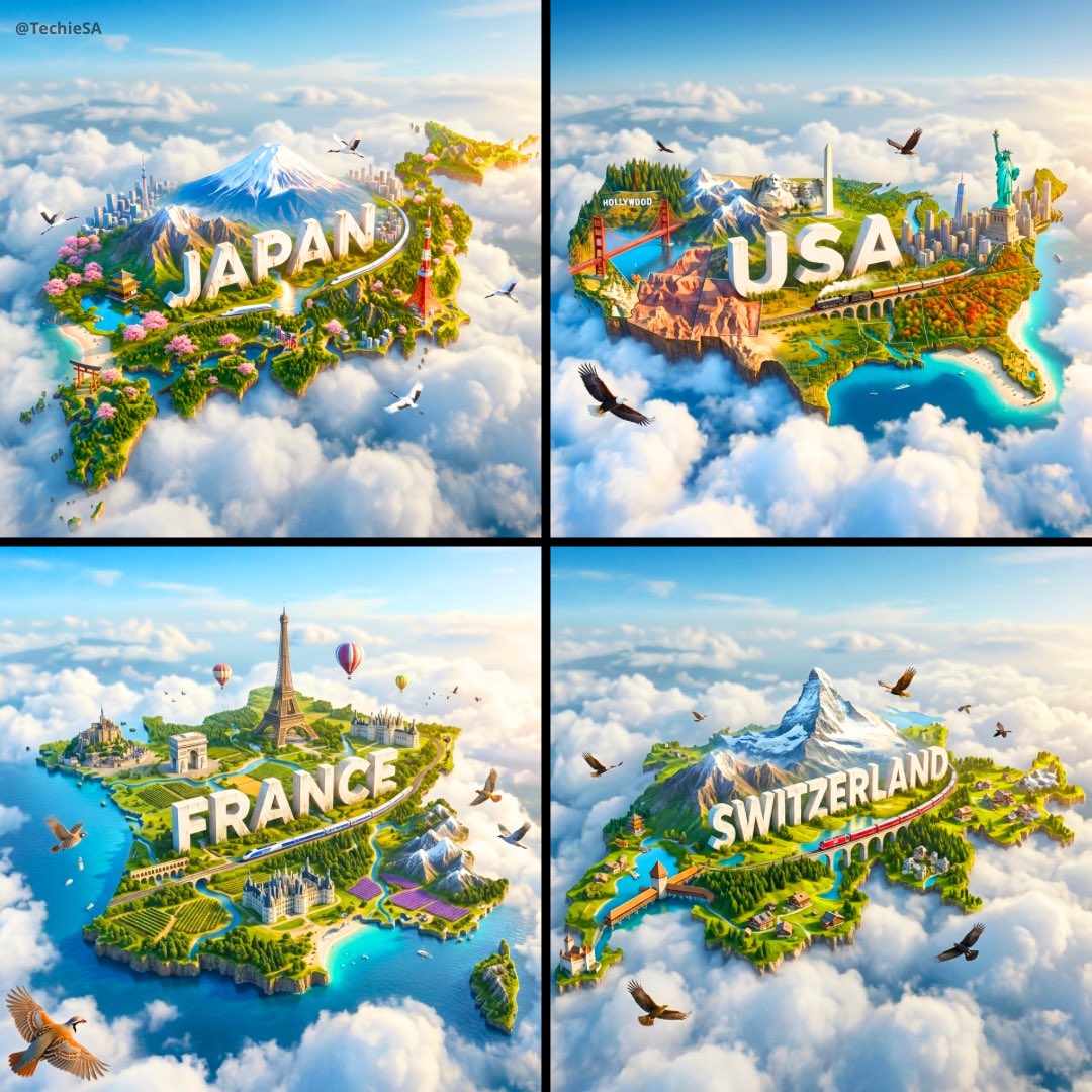 Floating Island Countries: Japan, USA, France, Switzerland Nano Banana提示词