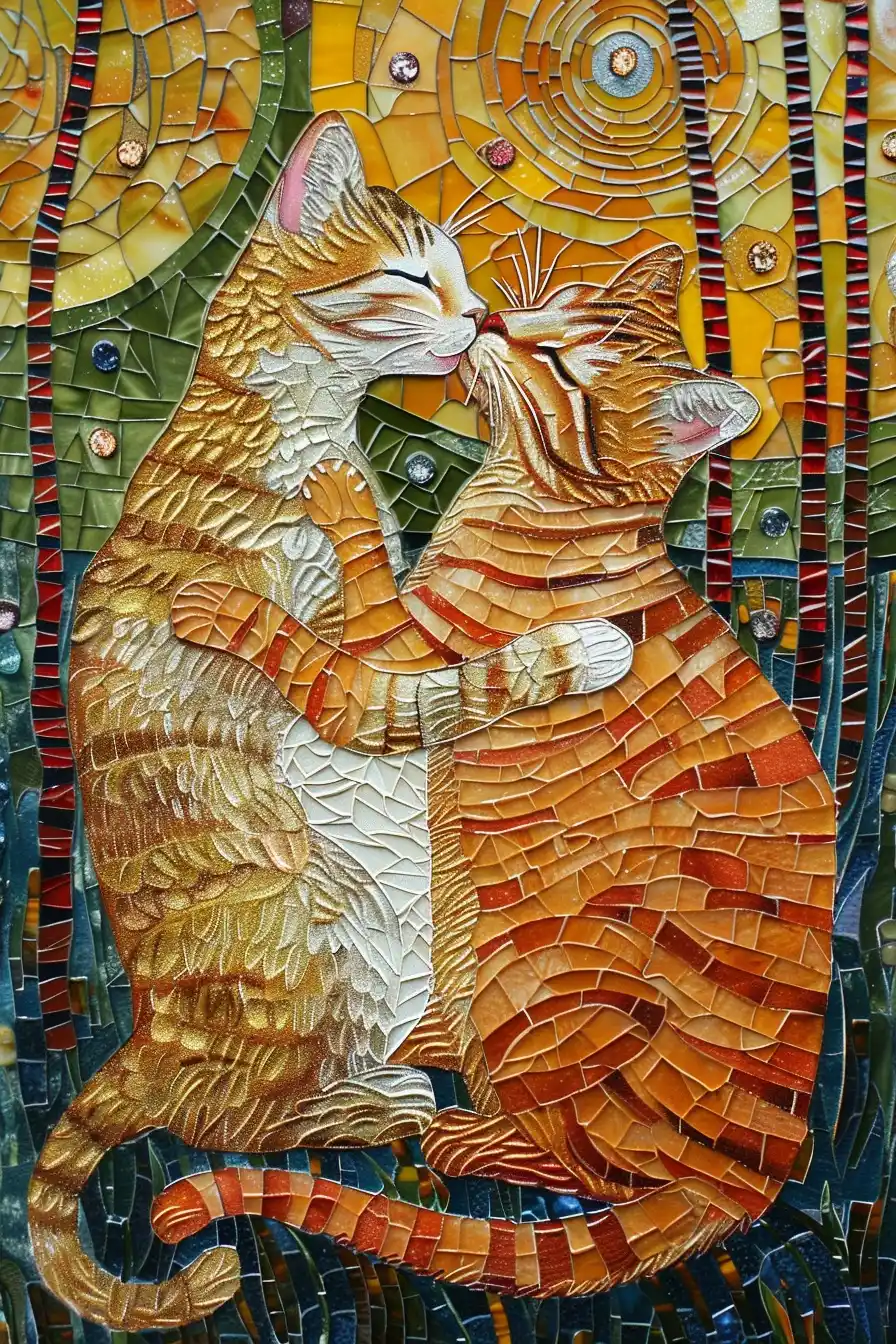 Klimt-Inspired Cat Kiss Midjourney提示词