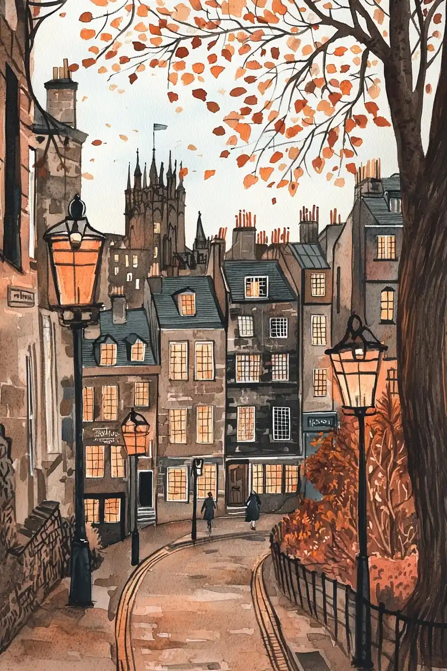 Edinburgh Autumn Watercolor Print Midjourney提示词