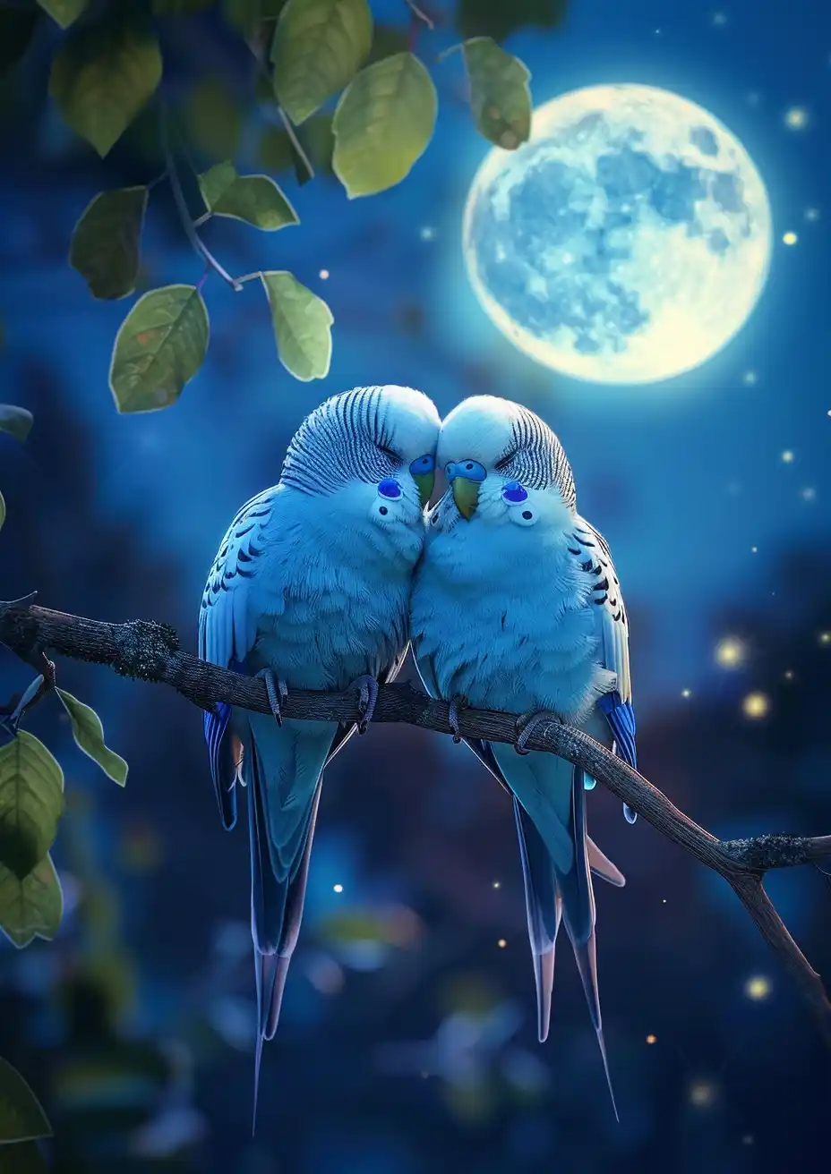 Pixar Parakeets Moonlit Rest Midjourney提示词