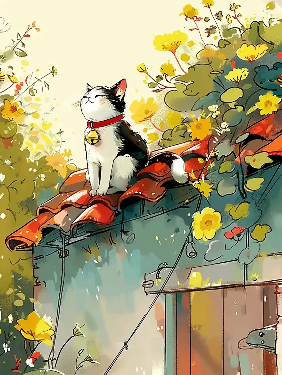 Whimsical Cat on Roof Midjourney提示词
