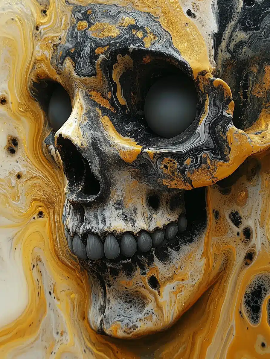 Golden Skull in Rainbow Pool Midjourney提示词