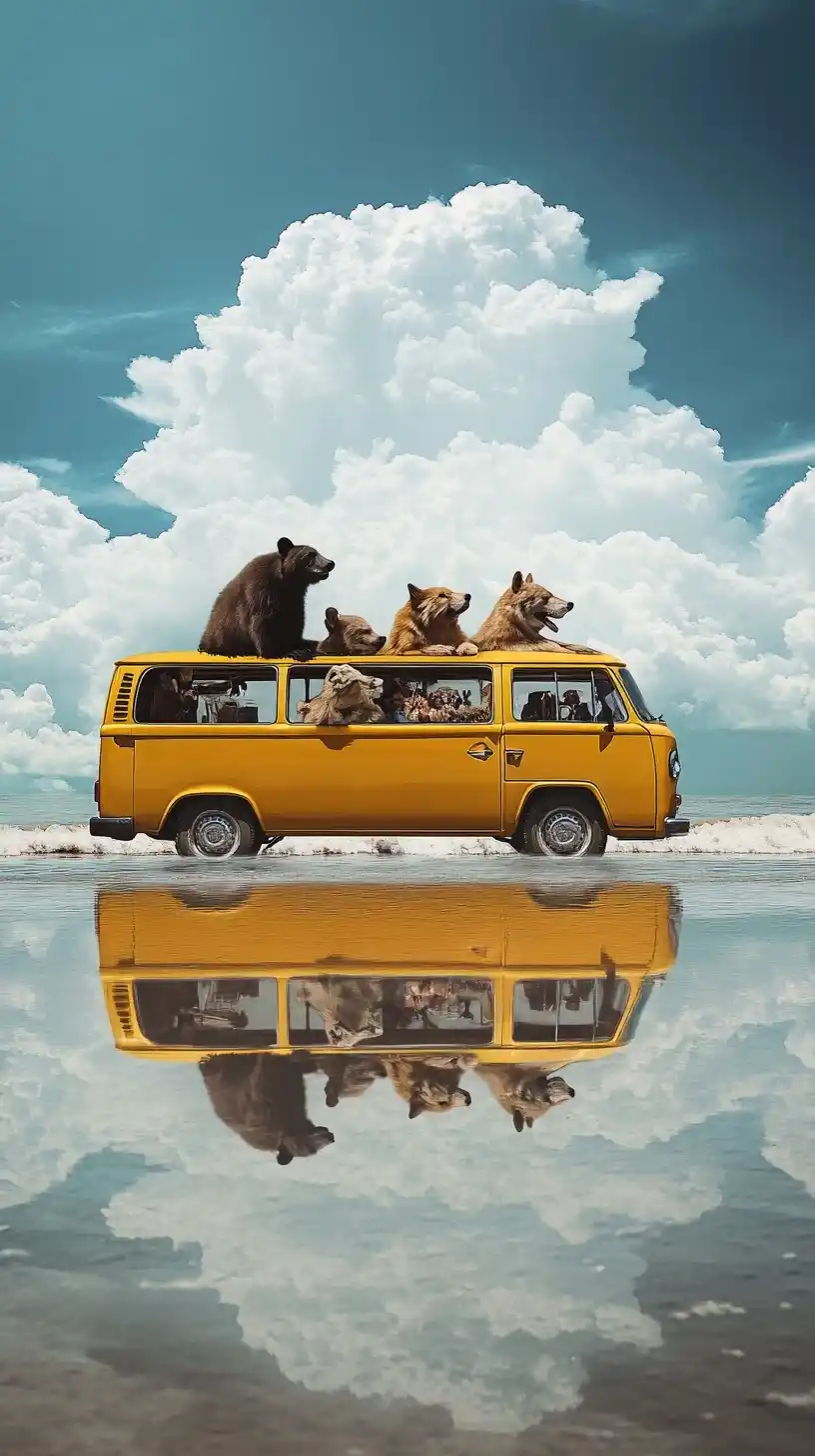 Realistic Minibus Reflection Scene Midjourney提示词