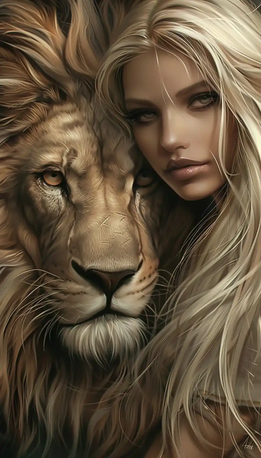Blonde Woman and Lion Gothic Digital Art Midjourney提示词
