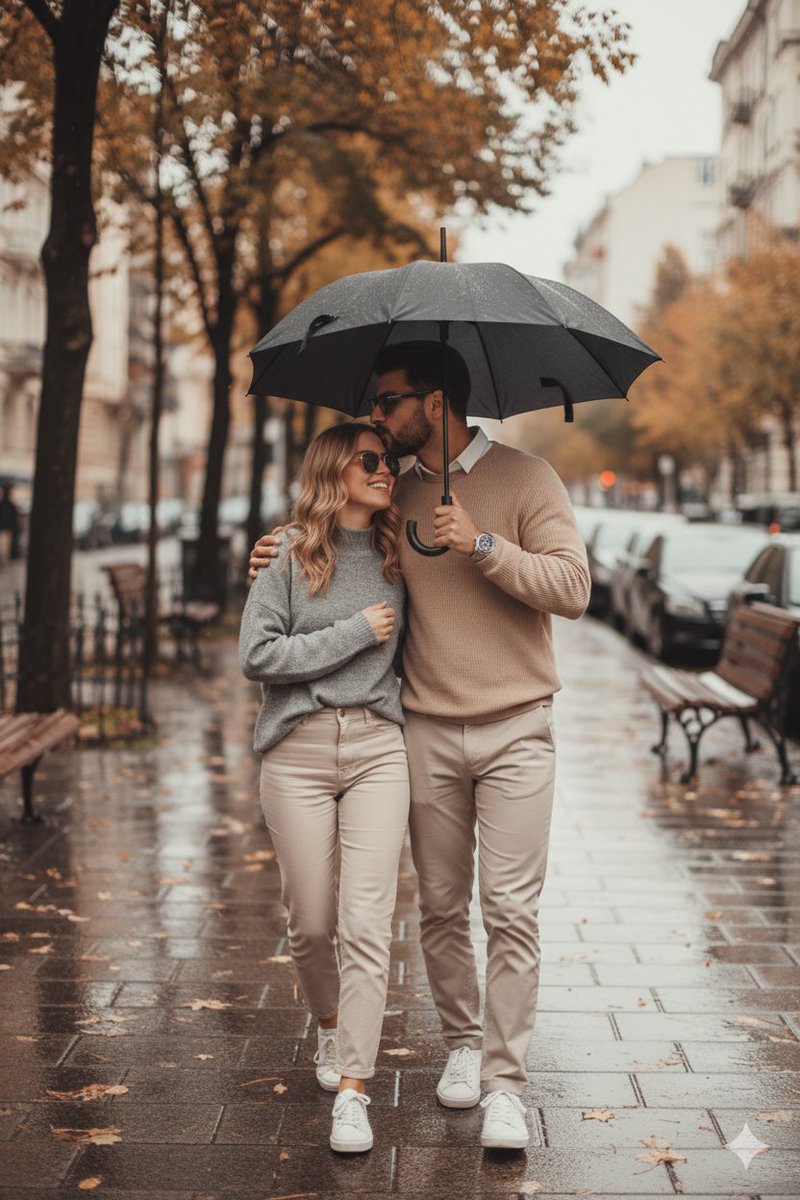 Romantic Autumn Rain Couple Portrait - City Walk Nano Banana提示词