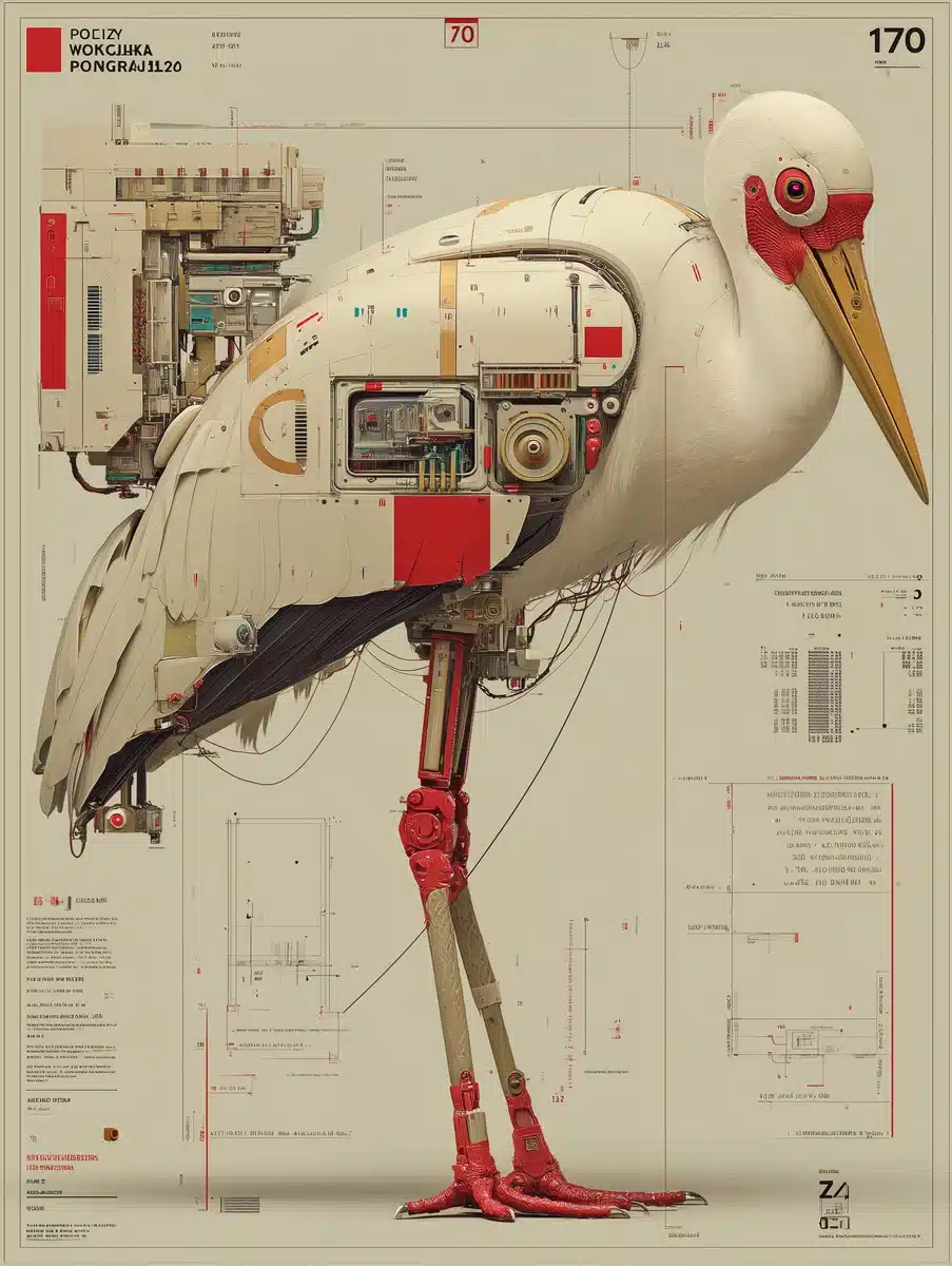 Robotic Stork in Poland Midjourney提示词