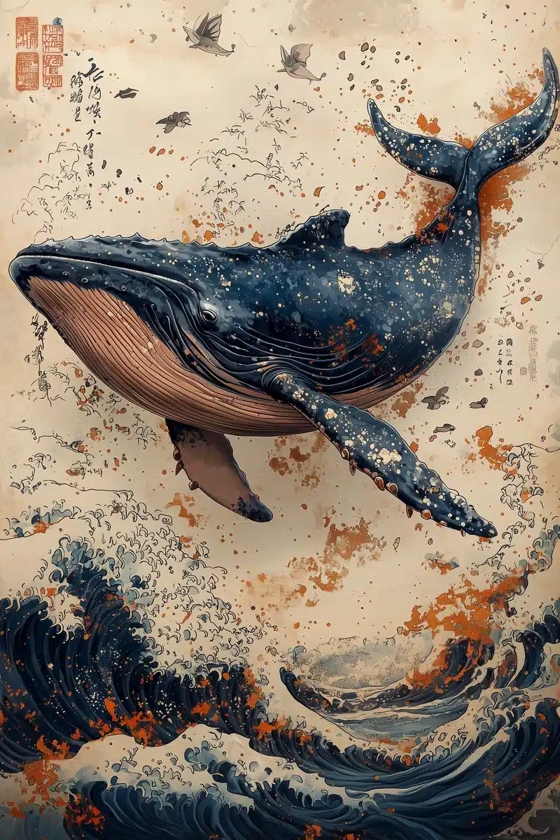 Ukiyo-e Whale in Clouds Midjourney提示词