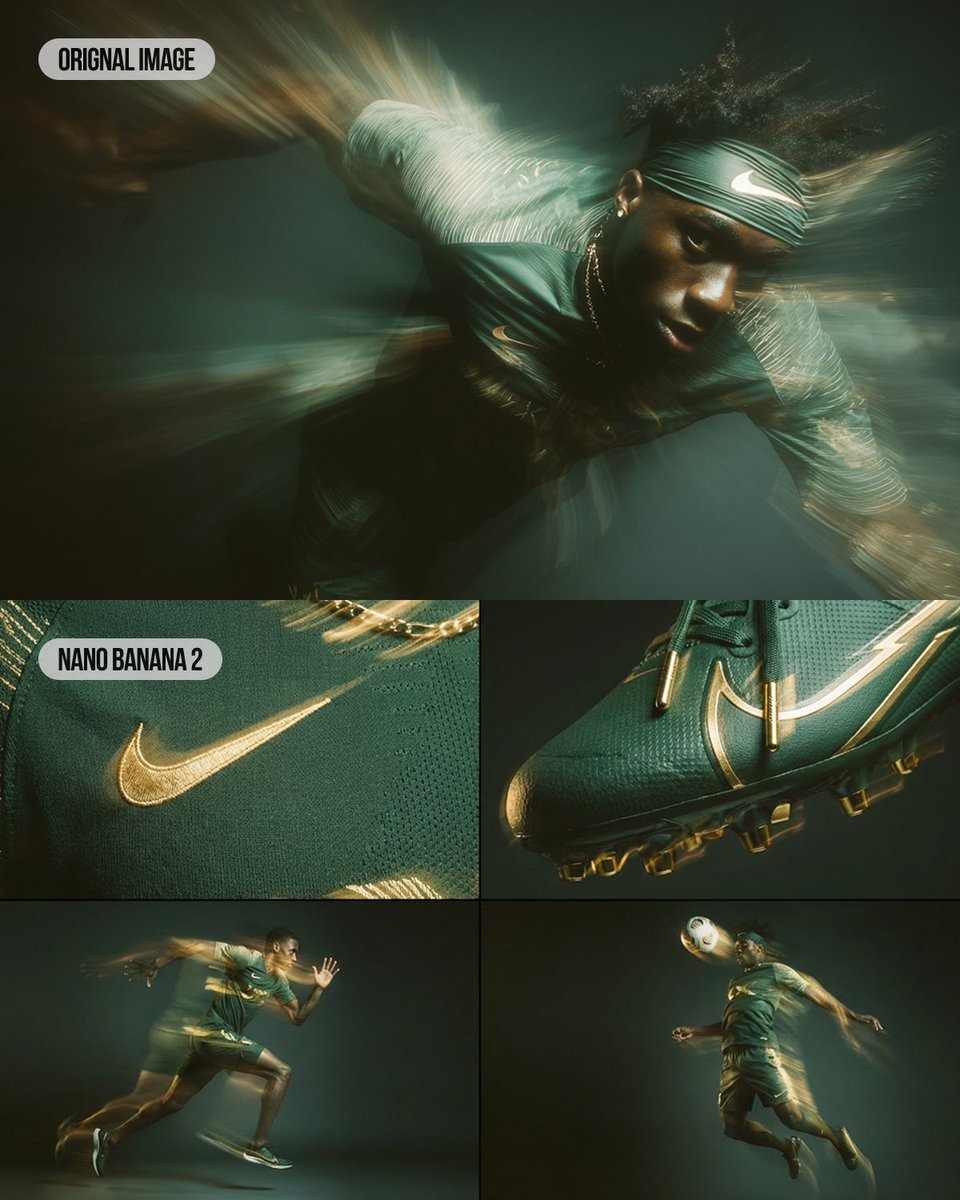Dynamic Nike Soccer Player & Green Gold Sports Gear Action Nano Banana提示词