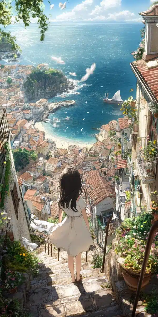 Anime Girl Over Coastal Town Midjourney提示词