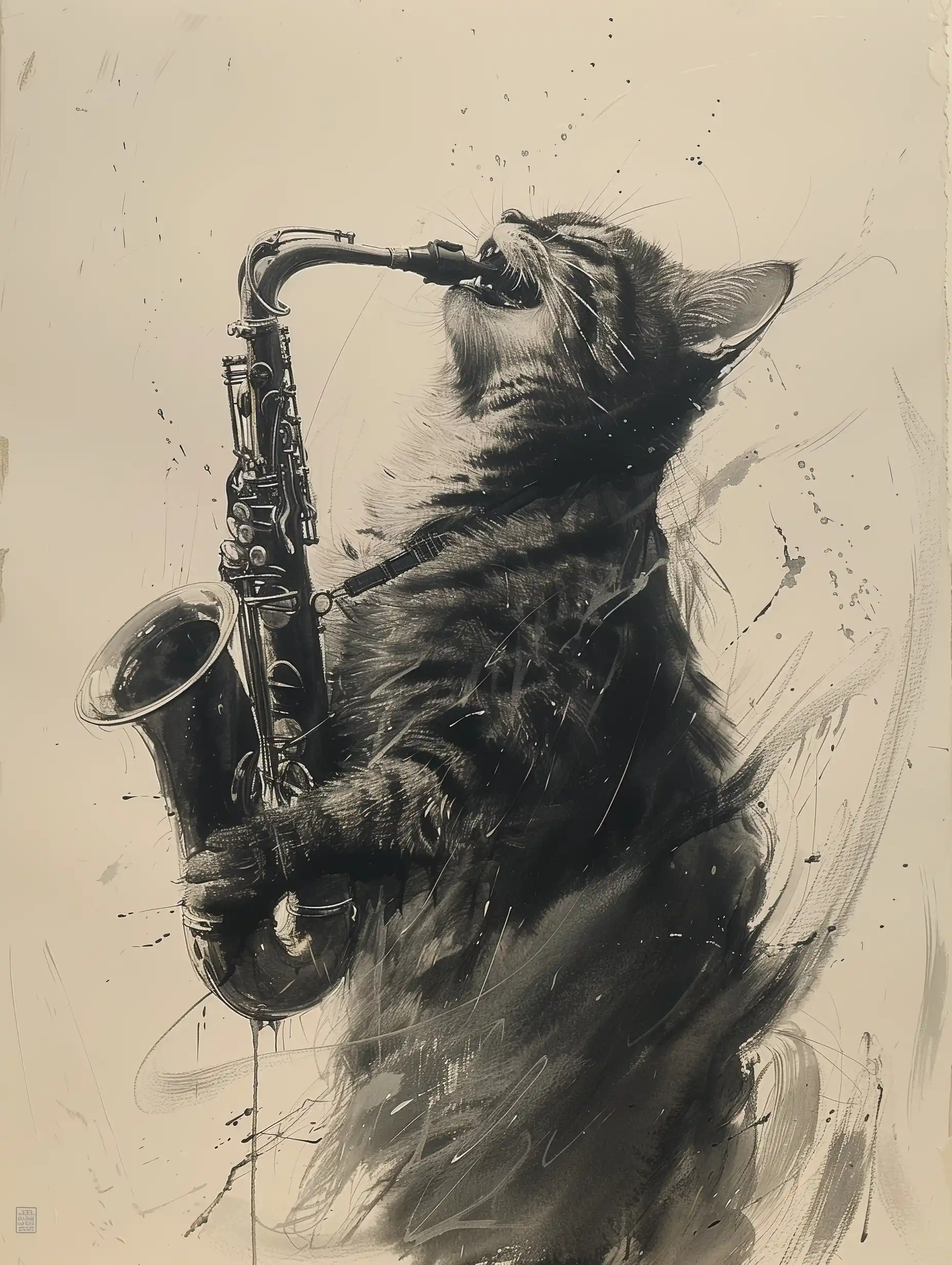 Ink Wash Cat Saxophonist Midjourney提示词