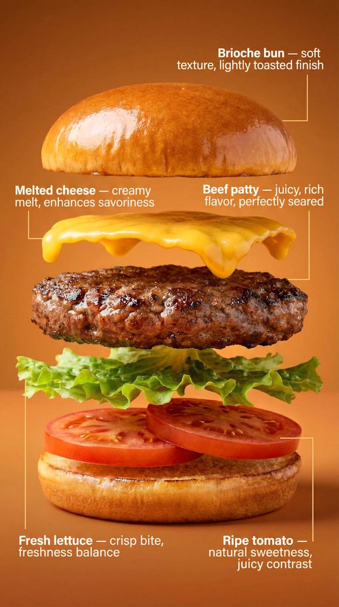Delicious Burger Exploded View - Fresh Ingredients Nano Banana提示词