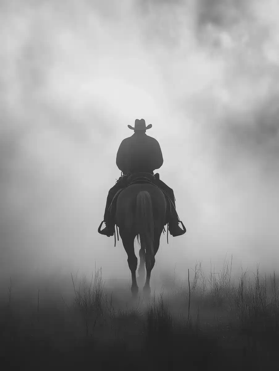 Cinematic Cowboy in Fog Midjourney提示词