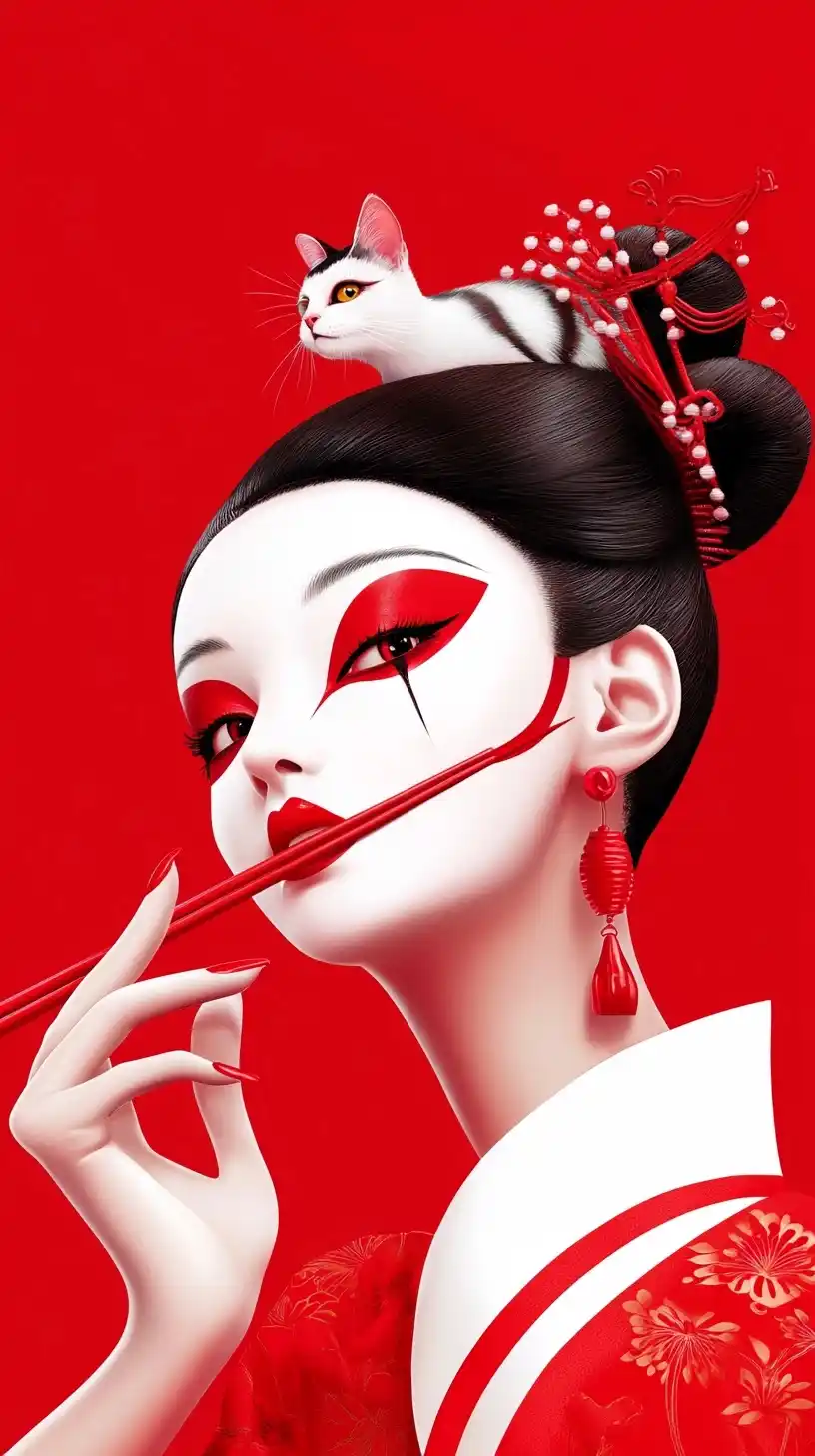 Beijing Opera Cat Illustration Midjourney提示词