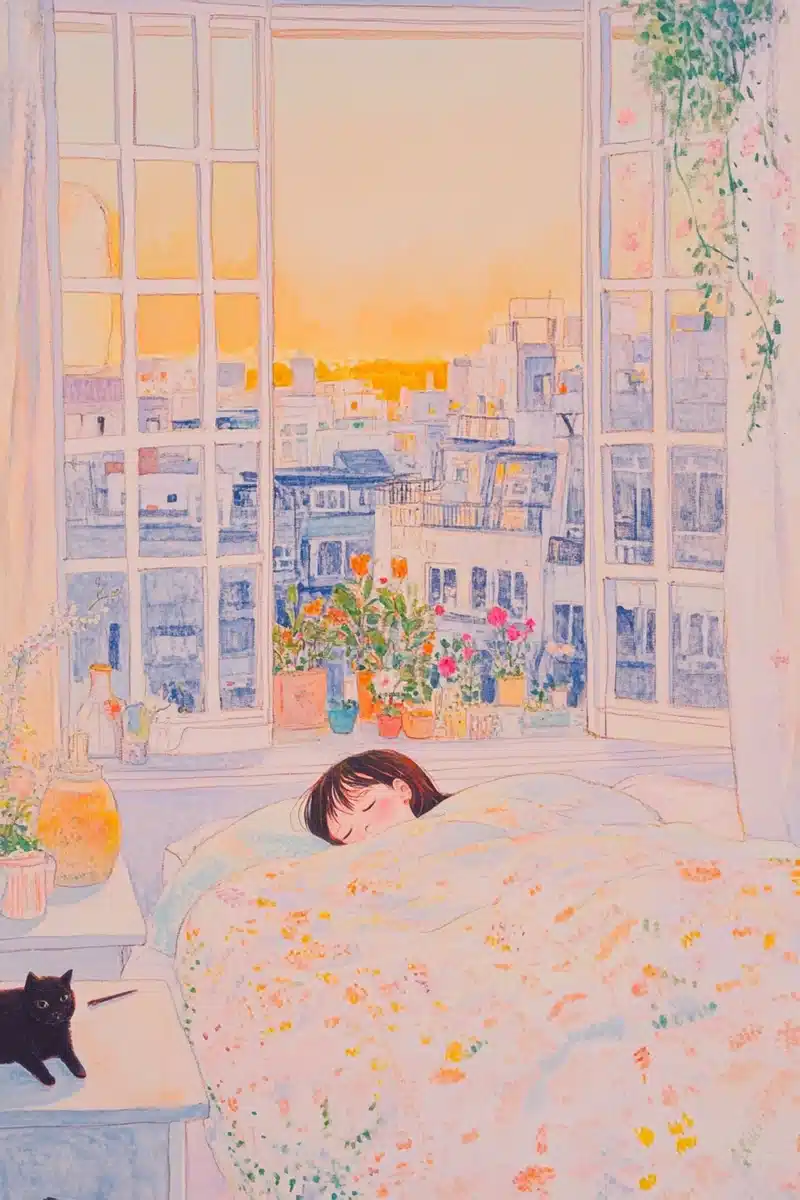 Cozy Dreamy Bedroom Illustration Midjourney提示词