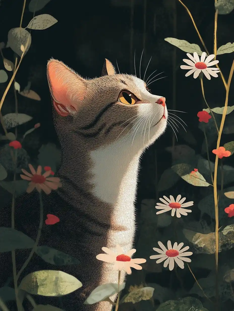 Cats in Barberton Daisy Forest Midjourney提示词