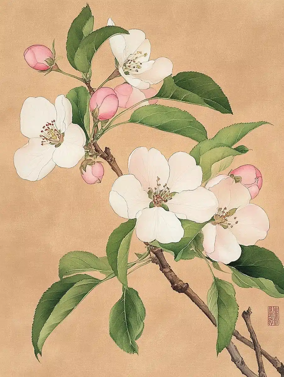 Watercolor Crabapple Blossoms Midjourney提示词