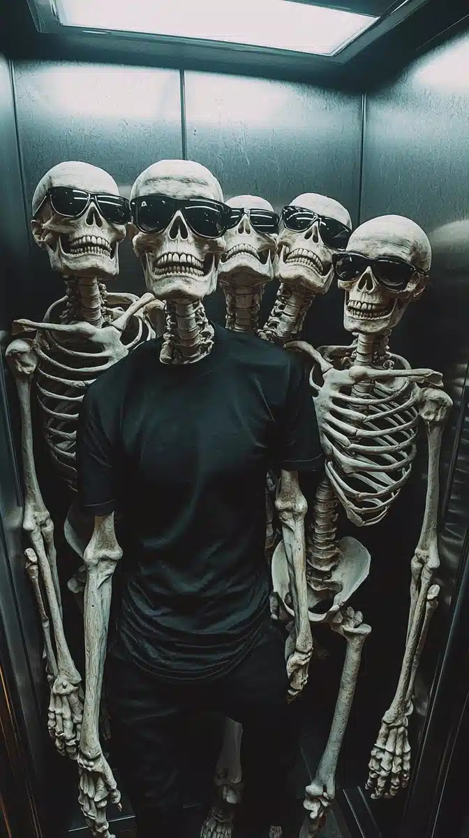 Surreal Skeleton Crew Elevator Midjourney提示词
