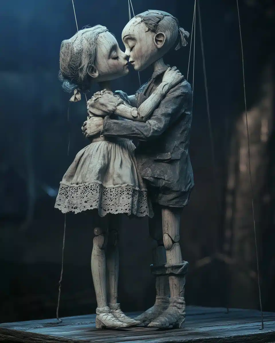 Eerie Marionette Embrace Scene Midjourney提示词