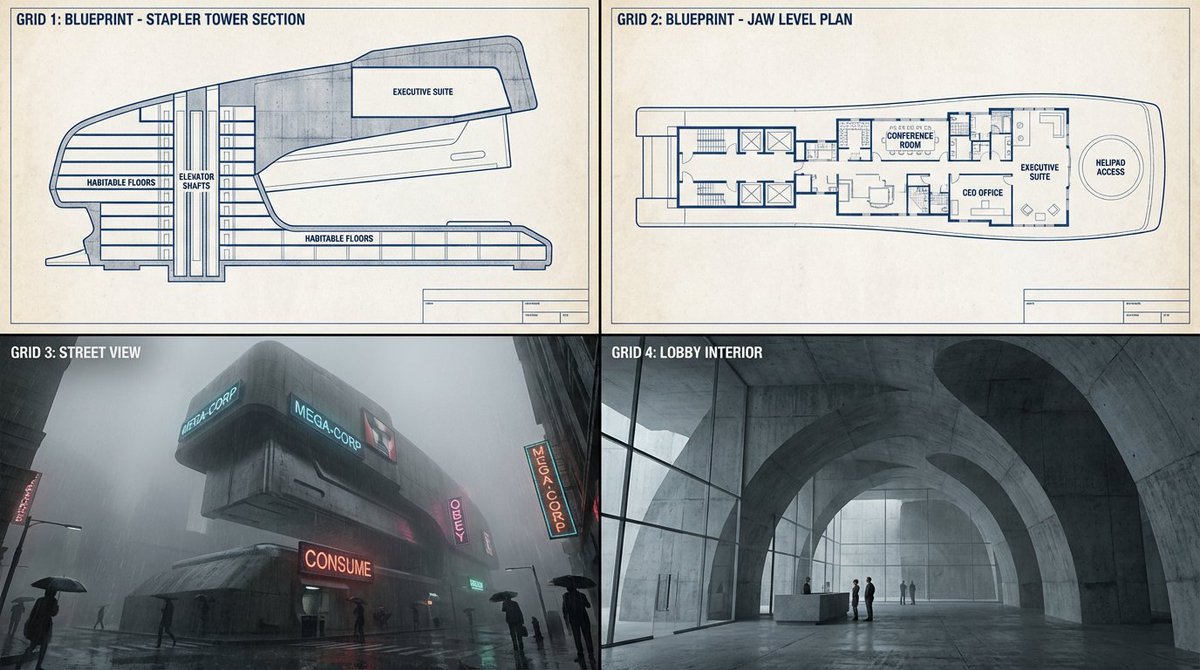 Dystopian Mega-Corp Skyscraper: Futuristic Architecture Concept Nano Banana提示词
