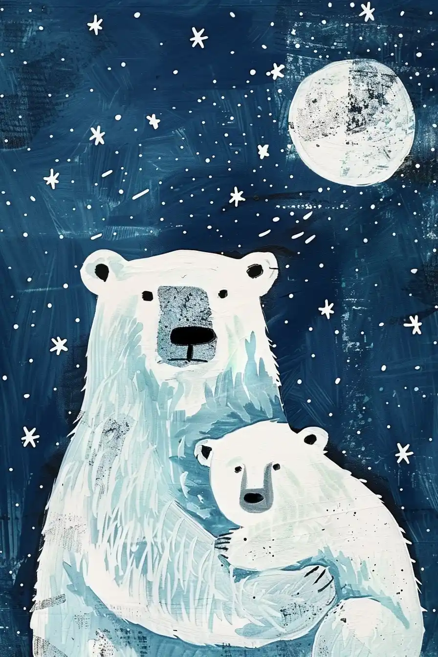 Handpainted Polar Bears Night Midjourney提示词