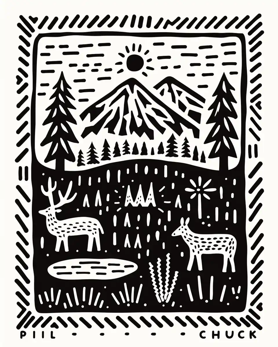 PILCHUCK PNW Linocut Midjourney提示词