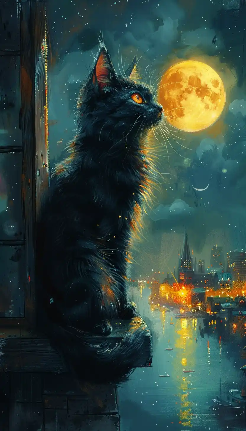 Watercolor Cat Night City Midjourney提示词