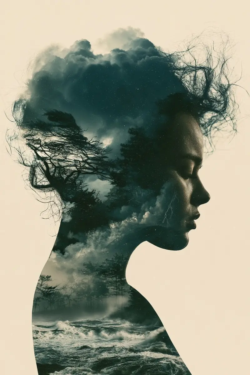 Double Exposure Storm Silhouette Midjourney提示词