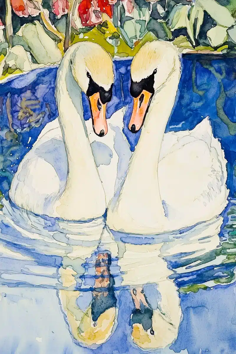Watercolor Swans on Lake Midjourney提示词