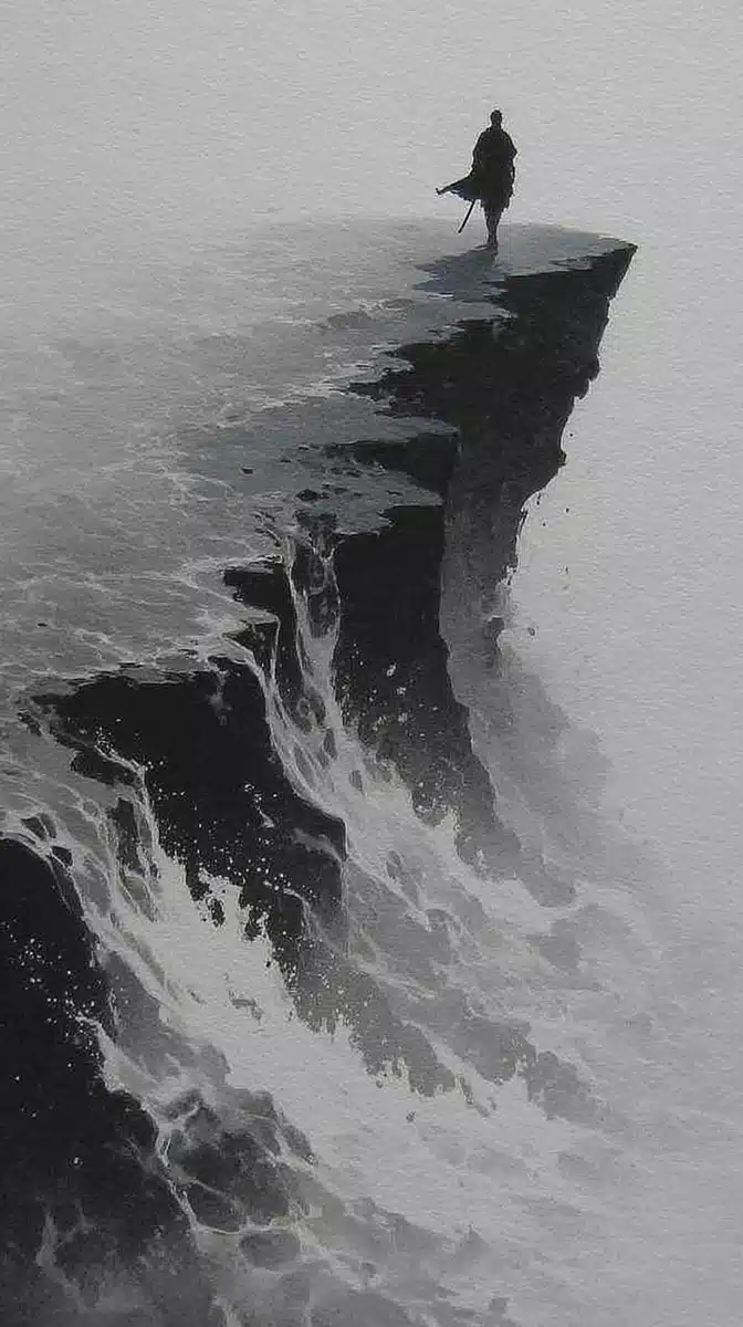 Monochrome Swordswoman on Cliff Midjourney提示词