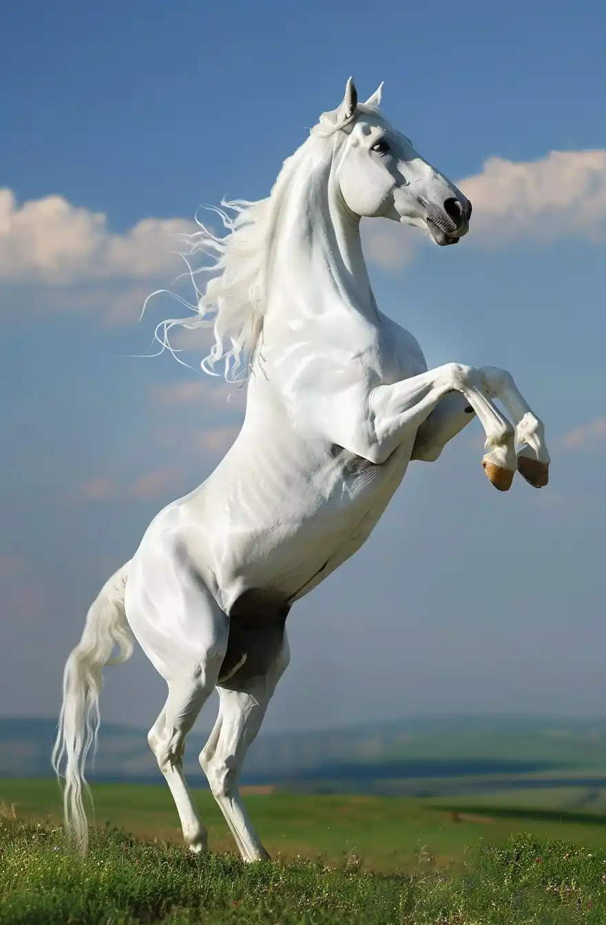 Elegant Rearing Horse in Pastoral Setting Midjourney提示词