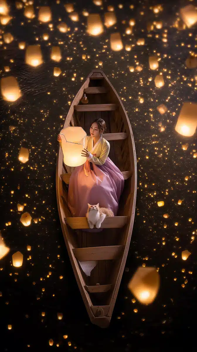 Cinematic Boat Lanterns Night Midjourney提示词