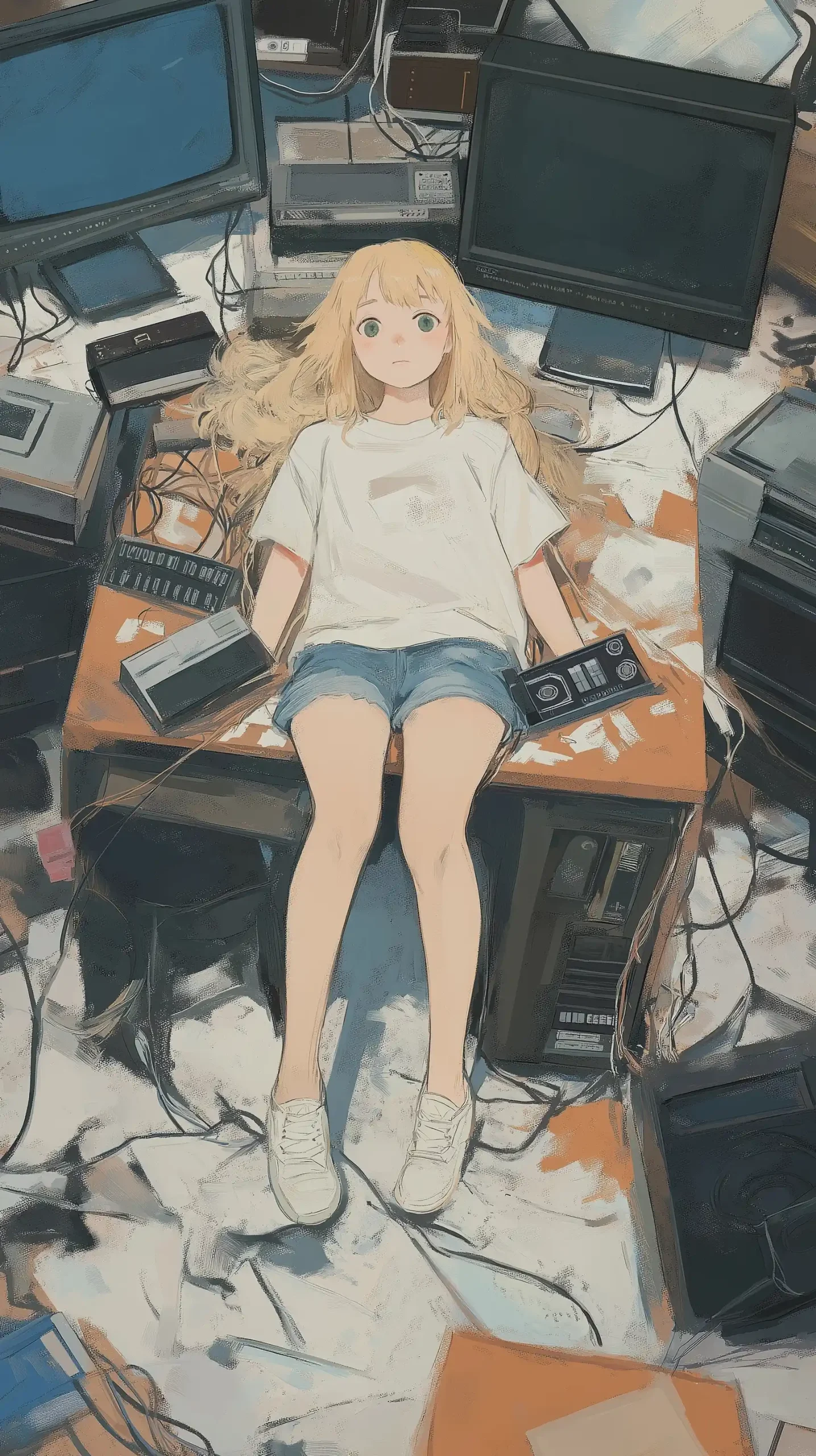 Blonde Girl on Desk Midjourney提示词