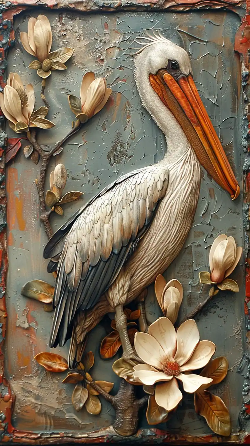 Encaustic Pelican and Magnolia Midjourney提示词