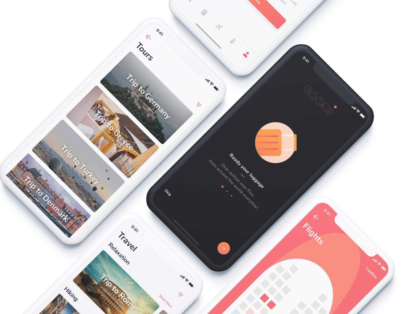70多个iOS iPhone X屏幕，用于旅行应用程序屏幕，以提高您的工作流程。，Gauri Travel iOS UI套件