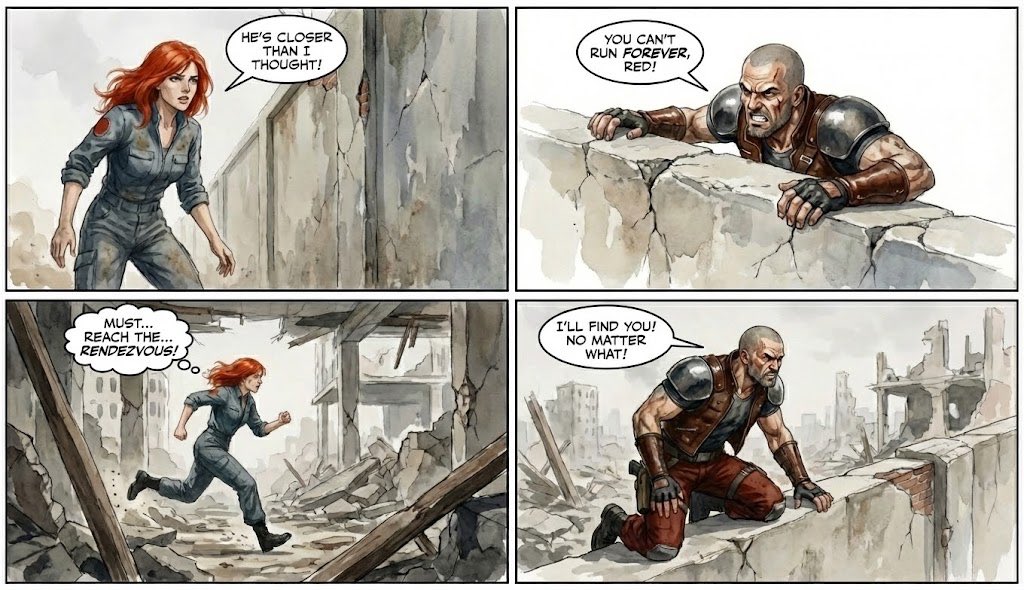 Post-Apocalyptic Chase Comic Art | Scifi Action & Pursuit Nano Banana提示词