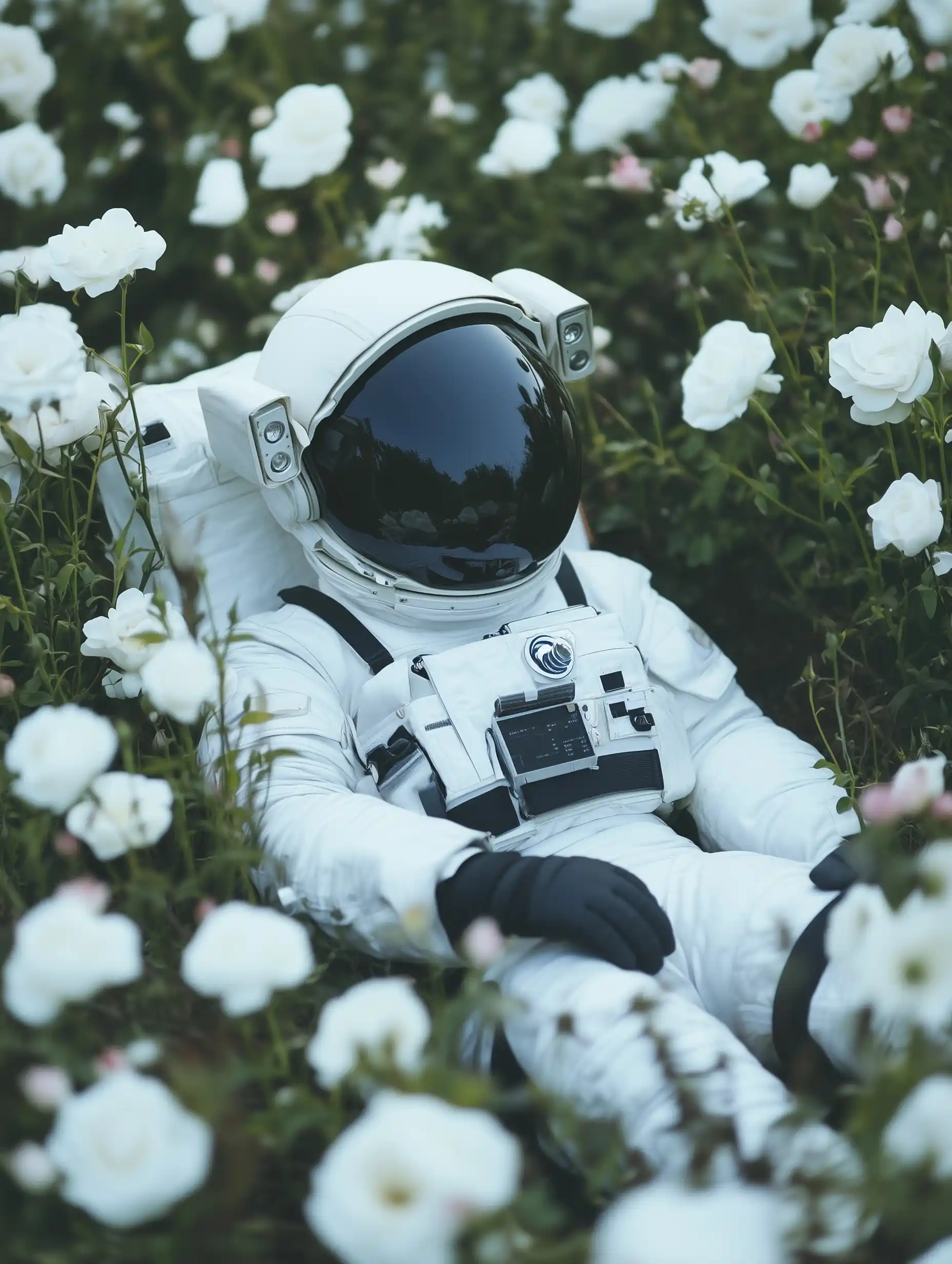 Astronaut Among White Roses Midjourney提示词