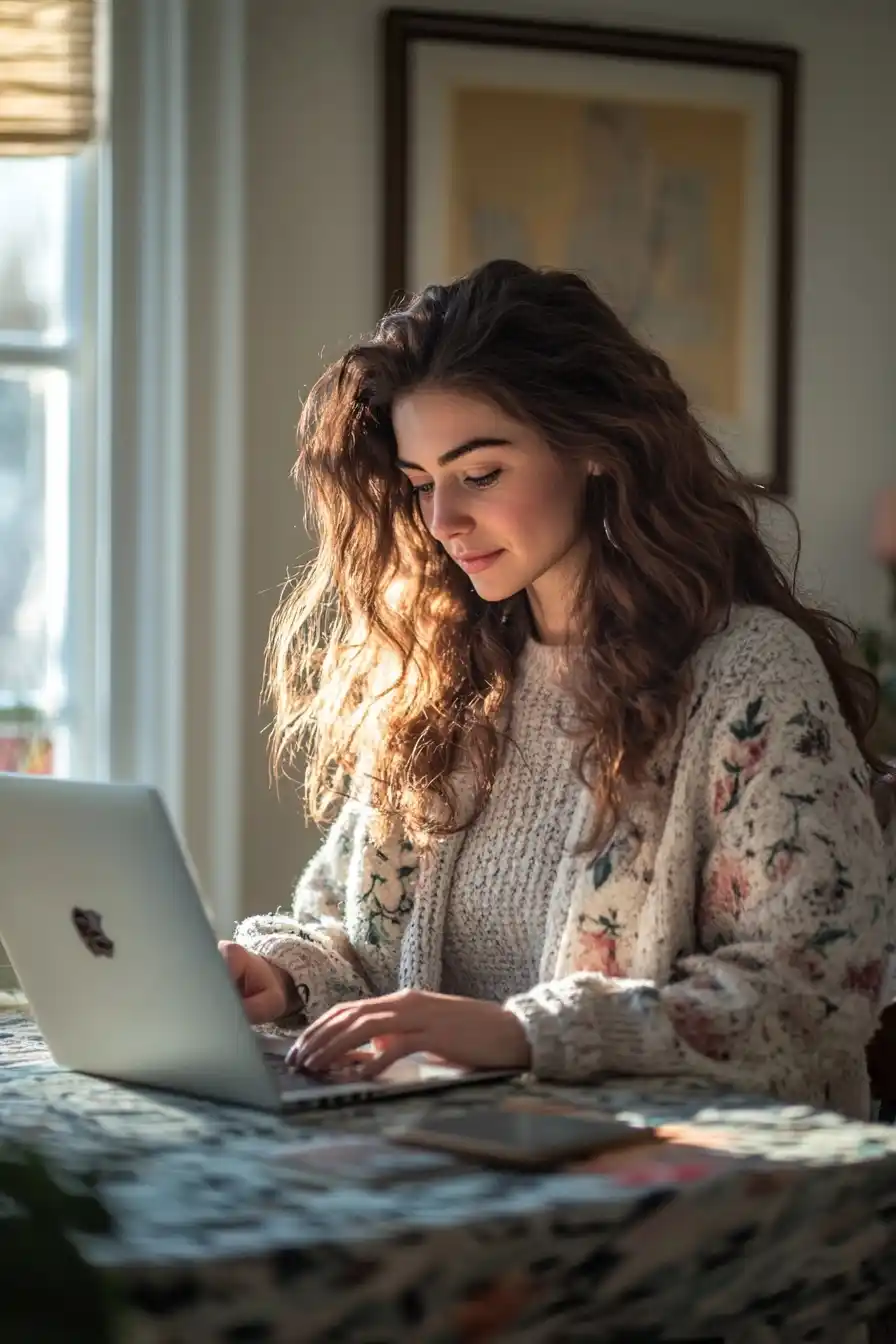 Photorealistic Woman at Desk Midjourney提示词