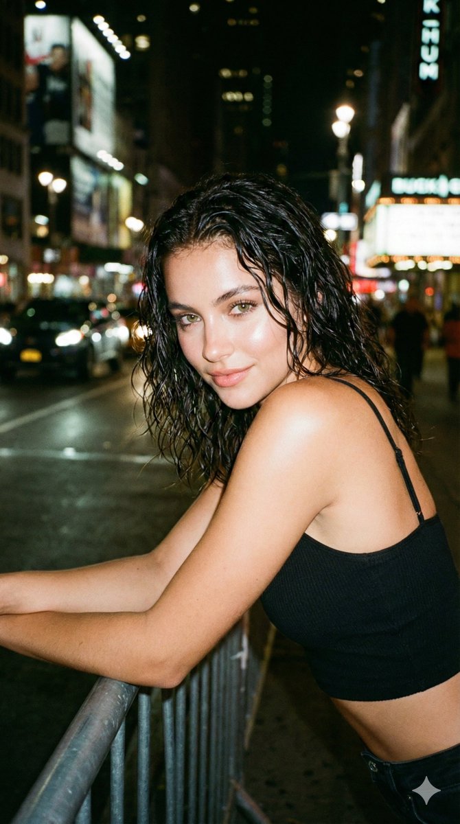 Urban Night Portrait of Woman with Wet Hair Nano Banana提示词
