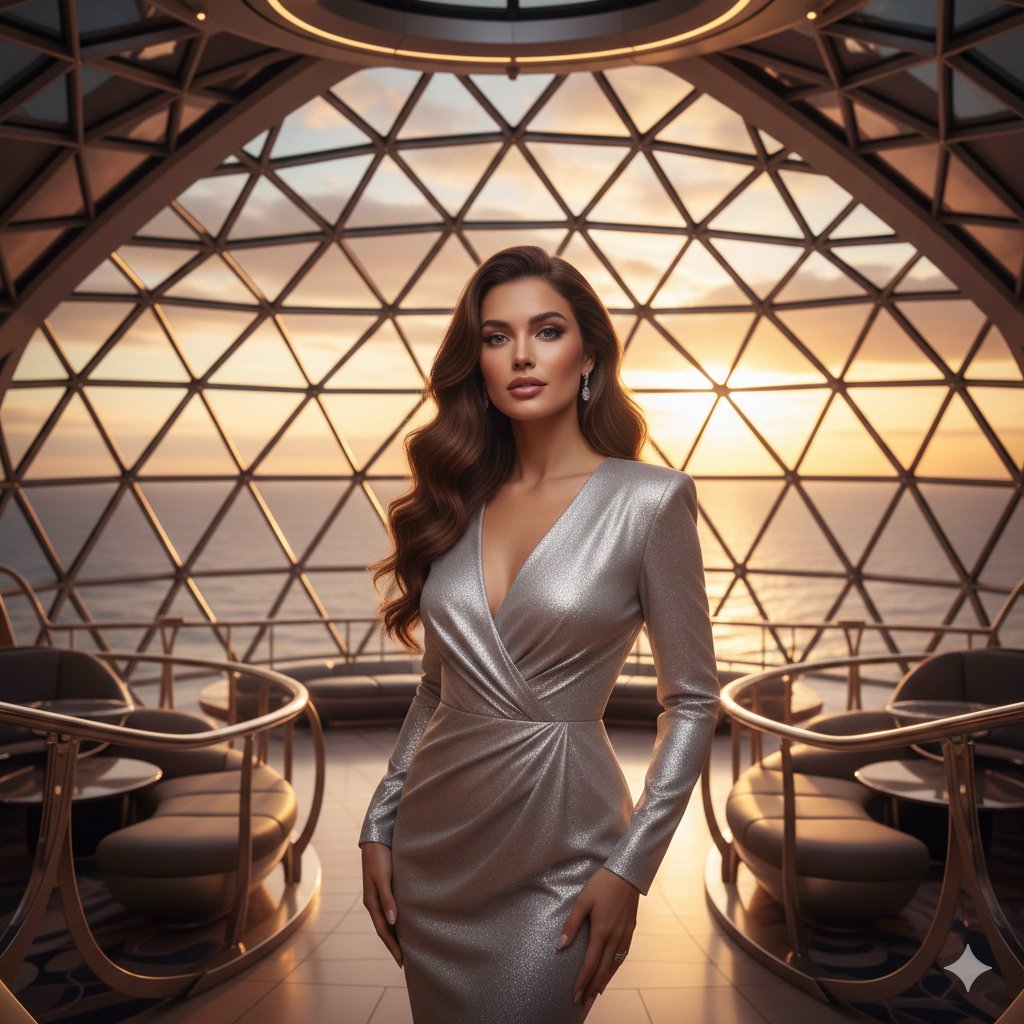 Elegant Woman in Silver Dress at Geodesic Ocean Sunset View Nano Banana提示词