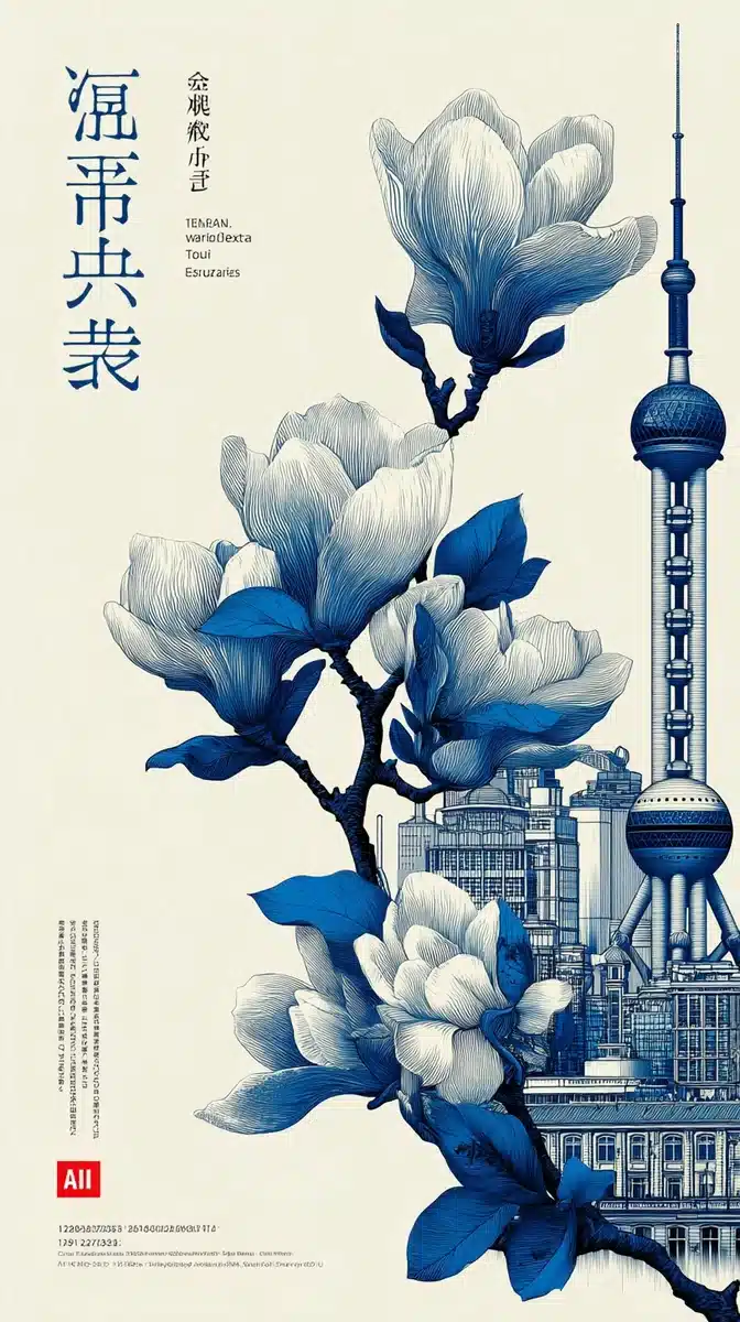 Ink Magnolia Tower Design Midjourney提示词