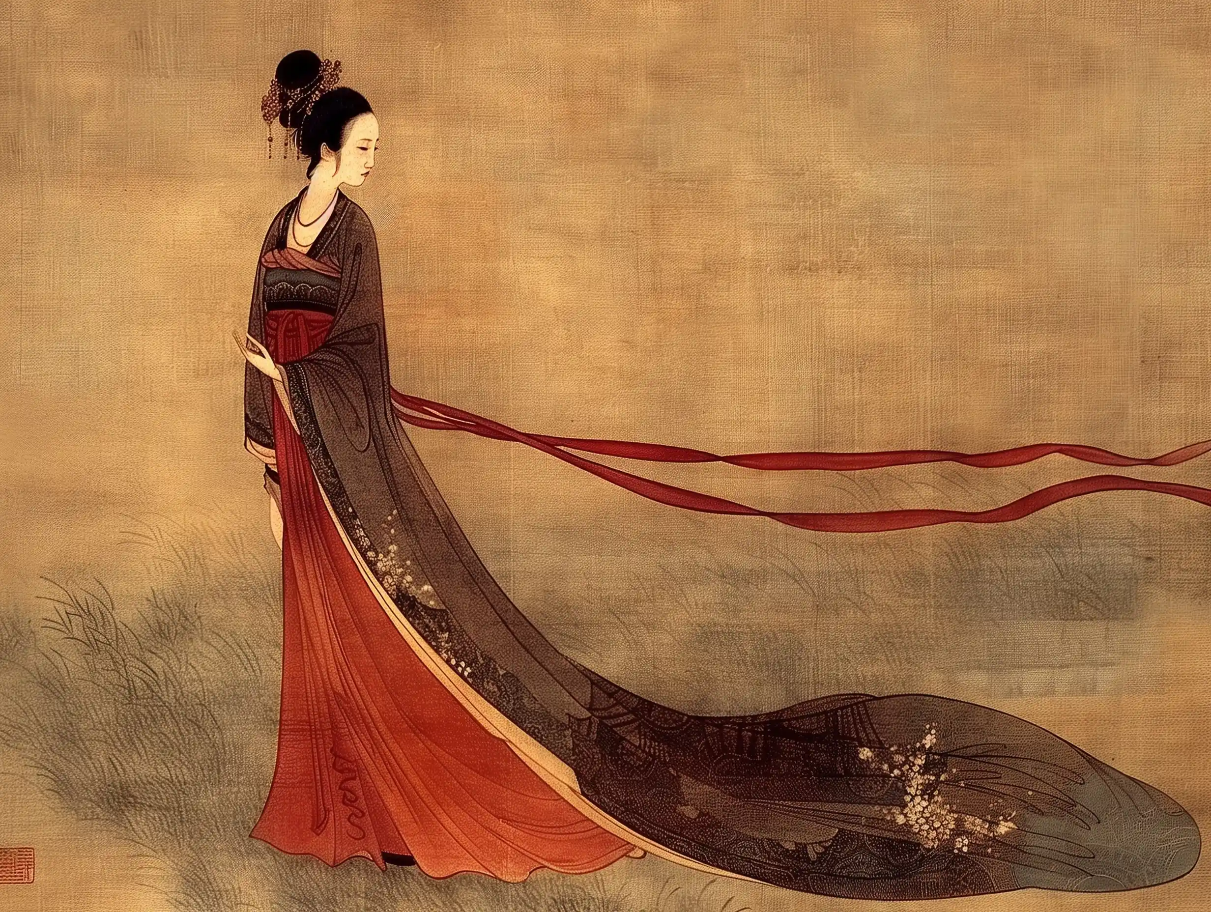 Tang Dynasty Skirt Painting Midjourney提示词