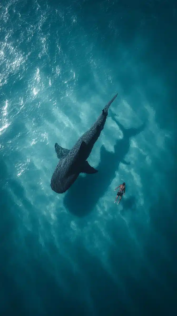 Realistic Shark Stalking Swimmer Midjourney提示词