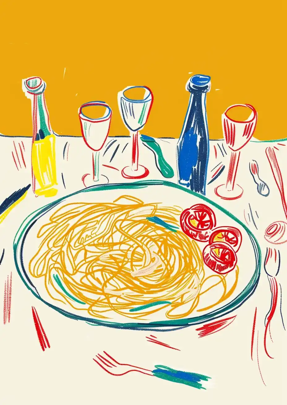 Hand-Drawn Pasta Plate Midjourney提示词